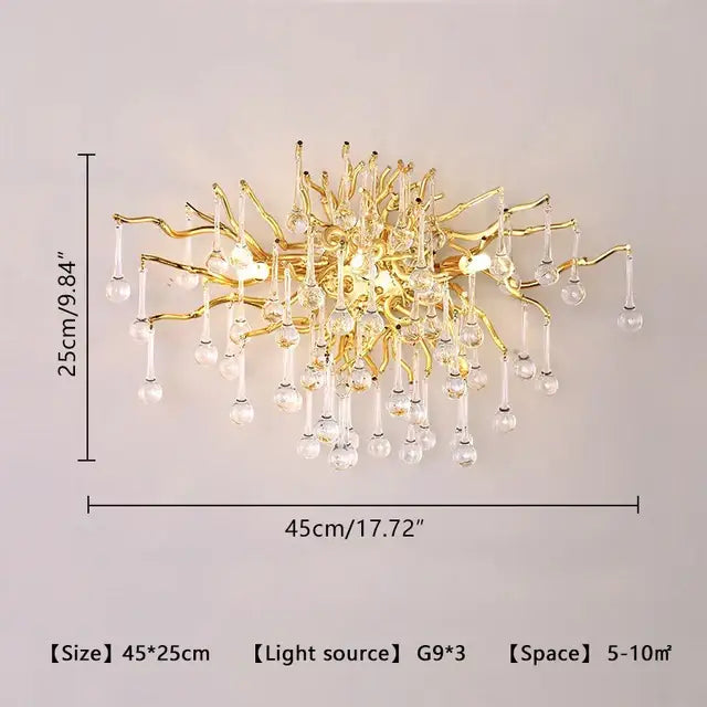 Gold-toned decorbites crystal chandelier with intricate branching arms and dangling crystal droplets for living room decor