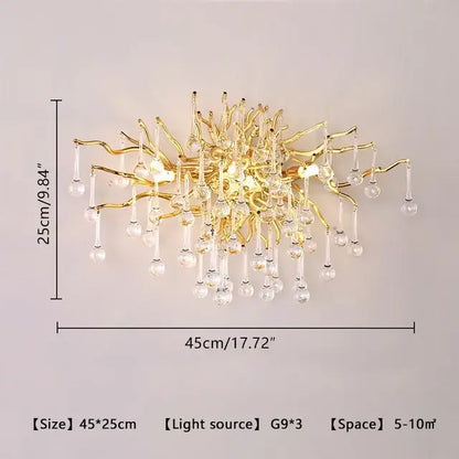 Gold-toned decorbites crystal chandelier with intricate branching arms and dangling crystal droplets for living room decor