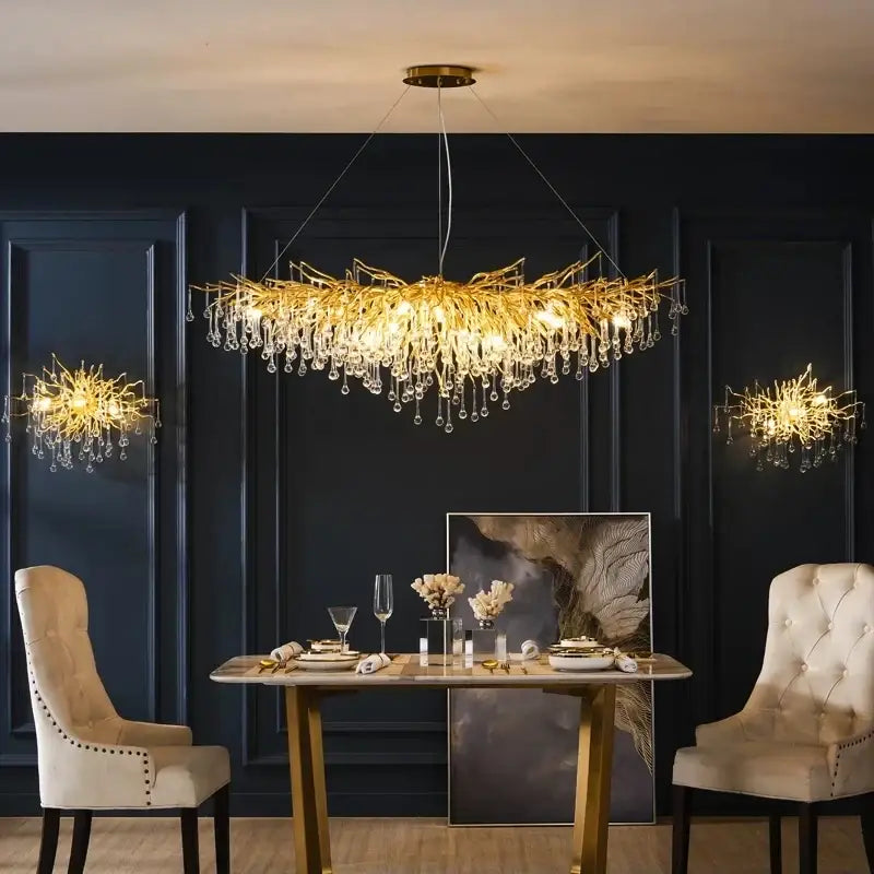 Golden branch-like decorbites crystal chandelier with dangling crystal droplets for modern living room lighting