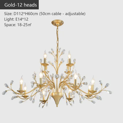 Gold decorbites crystal chandelier with twelve candle-style LED lights and crystal accents for modern vintage decor