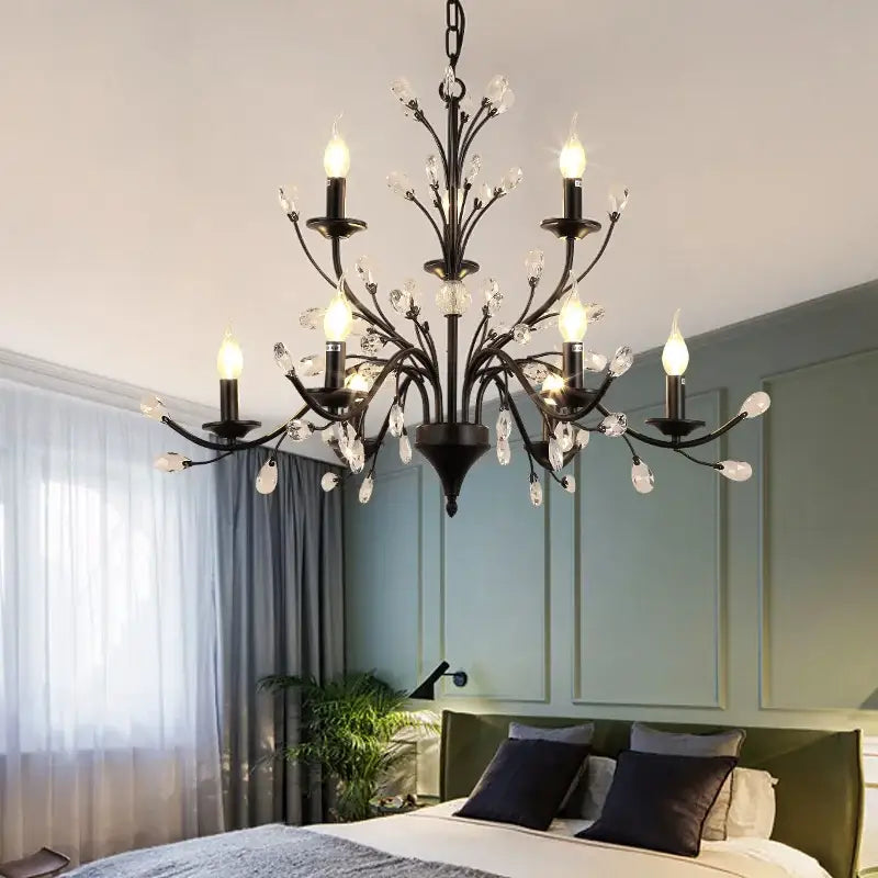 Black wrought iron DecorBites crystal chandelier with candle-style bulbs and vintage American style for living and dining rooms