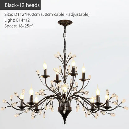 Black wrought iron decorbites crystal chandelier with 12 candle-style lights and crystal accents for modern living spaces