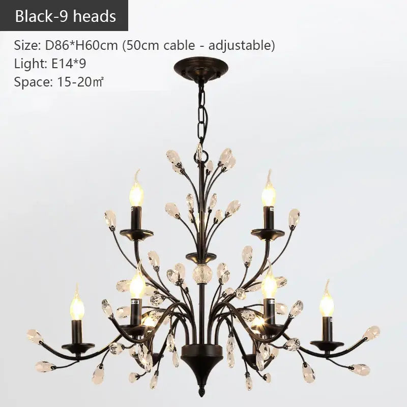 Black wrought iron DecorBites crystal chandelier with nine candle-style lights and clear crystal droplets for modern spaces