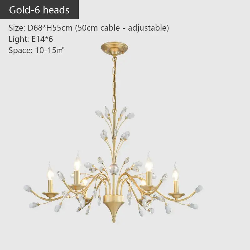 Gold decorbites crystal chandelier with six candle-style LED lights and crystal accents for living and dining rooms