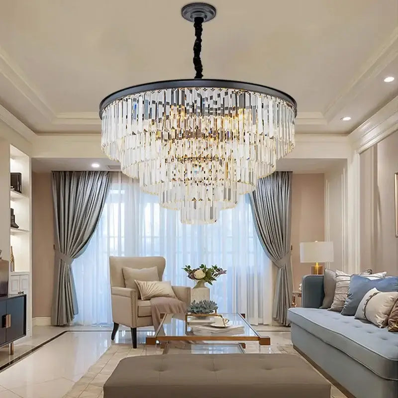 DecorBites crystal chandelier with black metal frame and clear glass prisms modern LED pendant light for home decor