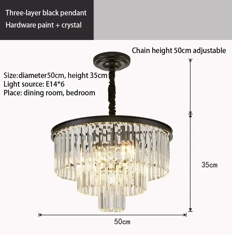 Black three-layer decorbites crystal chandelier with crystal rods and hardware paint finish for modern home decor