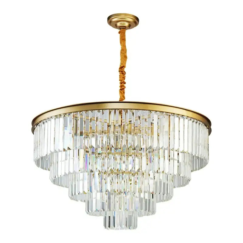 A multi-tiered decorbites crystal chandelier with gold-finished metal frame and fabric cord for modern home decor