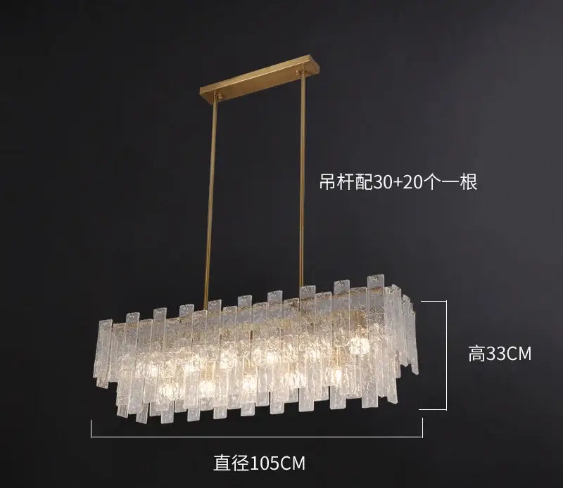 Gold-toned rectangular decorbites crystal chandelier with cascading clear textured glass rods for modern home decor lighting