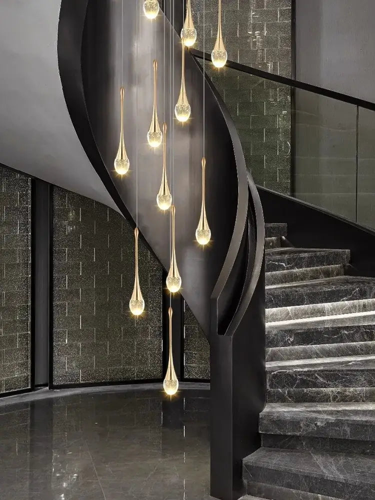 Decorbites crystal chandelier with teardrop glass pendants on black curved frame modern LED pendant light