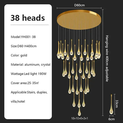 Gold decorbites crystal chandelier with 38 teardrop crystal pendants and aluminum base modern pendant light
