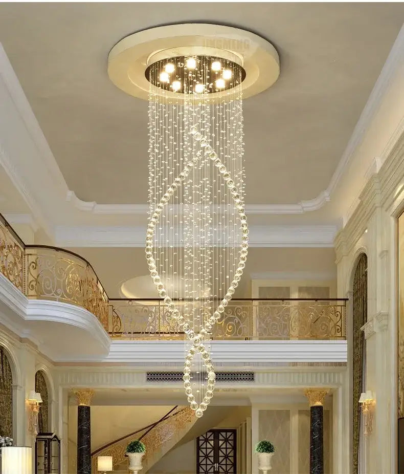 A decorbites crystal chandelier with cascading clear glass beads and embedded LED lights for elegant villa halls