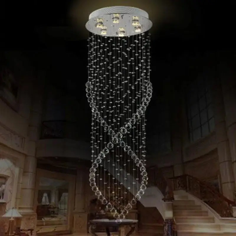 Decorbites crystal chandelier with modern LED lighting and clear bead infinity design for villa staircase hall