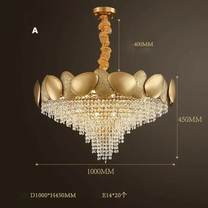 Gold-finished decorbites crystal chandelier with tiered oval plates and cascading crystal droplets for living room lighting