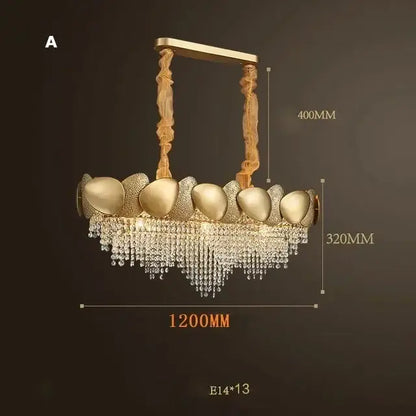 Gold-toned decorbites crystal chandelier with sculptural oval metallic elements and cascading crystal droplets for living room