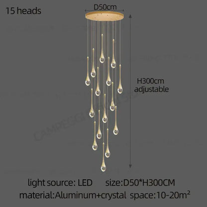 Gold-toned decorbites crystal chandelier with 15 teardrop crystal pendants and aluminum ceiling mount for modern lighting