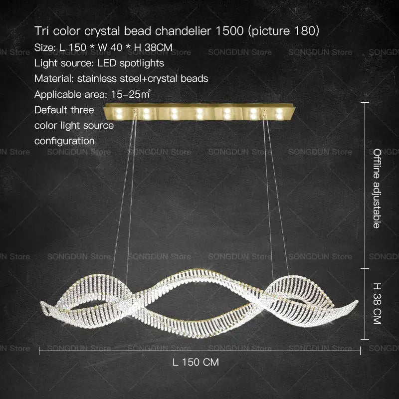 A sleek modern decorbites crystal chandelier with tri-color beads stainless steel wave design for luxury dining rooms