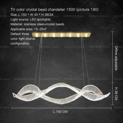 A sleek modern decorbites crystal chandelier with tri-color beads stainless steel wave design for luxury dining rooms