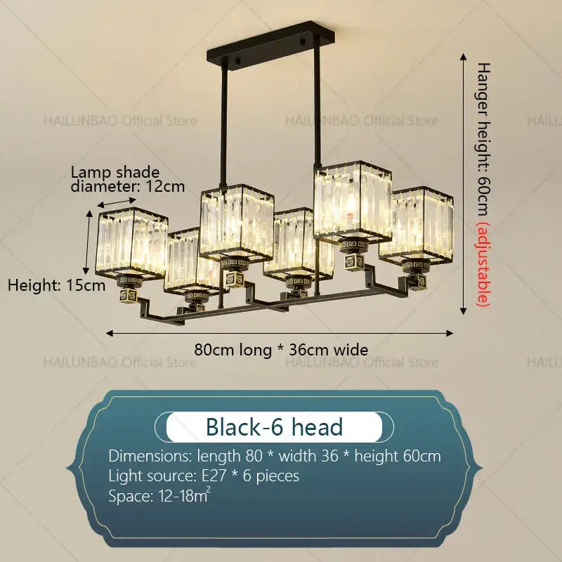 Black metal decorbites crystal chandelier with six rectangular crystal lamp shades for modern luxury lighting
