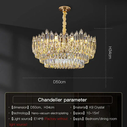 Golden-toned decorbites crystal chandelier with cascading k9 crystal prisms for living room bedroom dining room luxury lighting