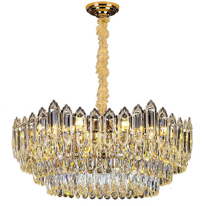 Golden decorbites crystal chandelier with cascading crystal prisms and twisted translucent stem for modern luxury lighting