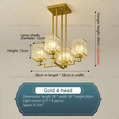 Gold-colored decorbites crystal chandelier with four clear crystal lampshades and adjustable hanging height for luxury spaces