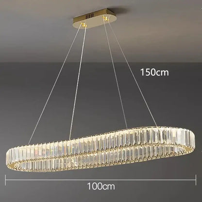 Decorbites crystal chandelier modern oval pendant with gold-toned frame and clear crystal prisms for living dining room