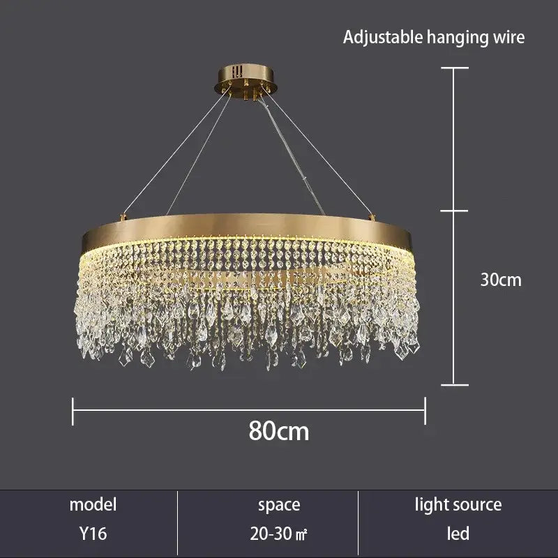 Gold-toned decorbites crystal chandelier with cascading crystal droplets and led lighting for modern living rooms and kitchens