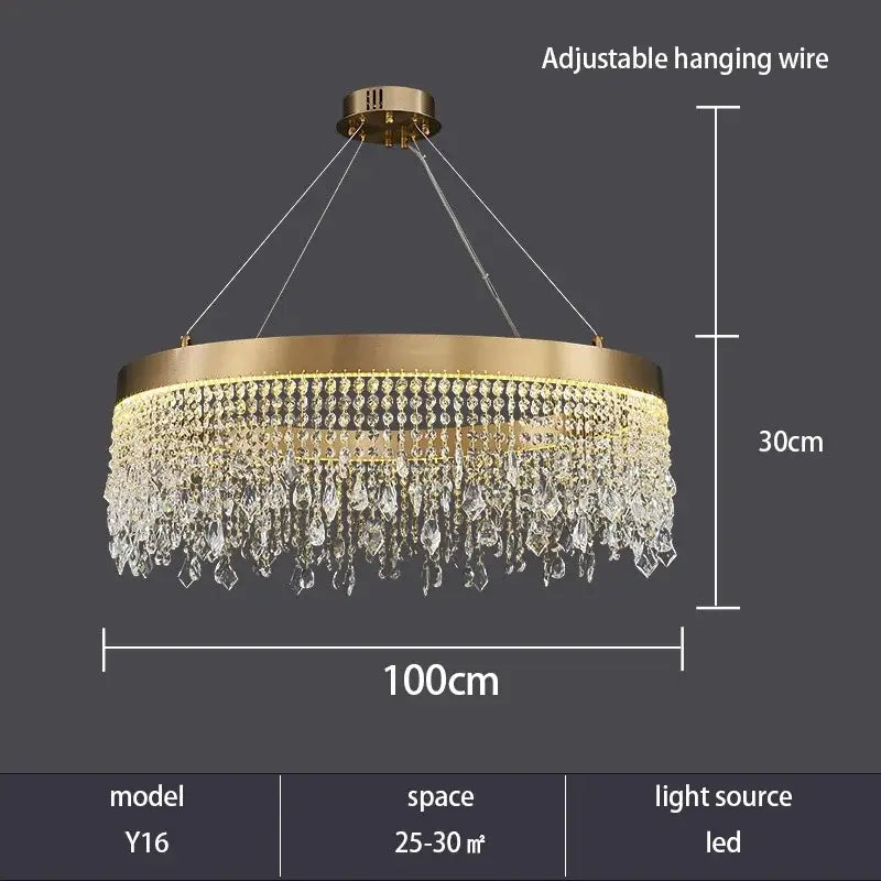 Gold-toned decorbites crystal chandelier with cascading clear crystal droplets and LED lighting for modern living rooms and kitchens