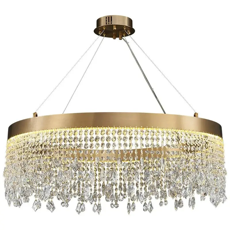 Gold-toned decorbites crystal chandelier with cascading clear crystal droplets and sleek metallic frame for modern living rooms