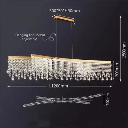 Gold-toned decorbites crystal chandelier with cascading clear crystal beads and wooden top bar for modern living spaces