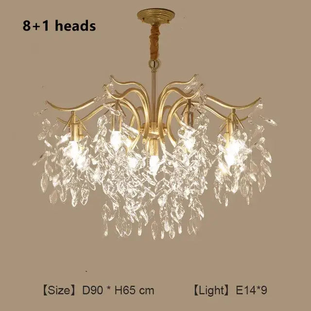 Gold-toned decorbites crystal chandelier with eight illuminated crystal leaf pendants for living room and bedroom