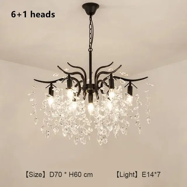 Black wrought iron decorbites crystal chandelier with six e14 LED bulbs and cascading clear crystal droplets for living rooms