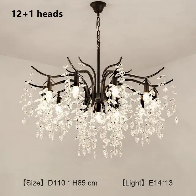 Black wrought iron decorbites crystal chandelier with 12 plus 1 crystal pendant heads and clear glass droplets