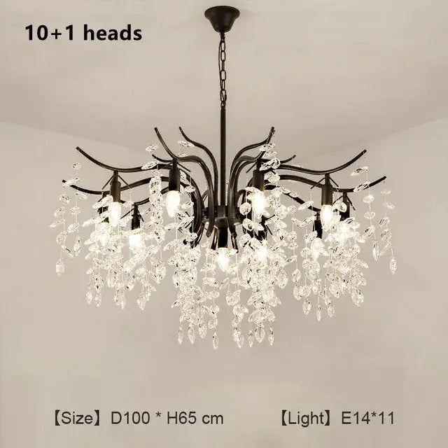 Black wrought iron decorbites crystal chandelier with 10+ crystal pendant heads and clear crystals for living room lighting