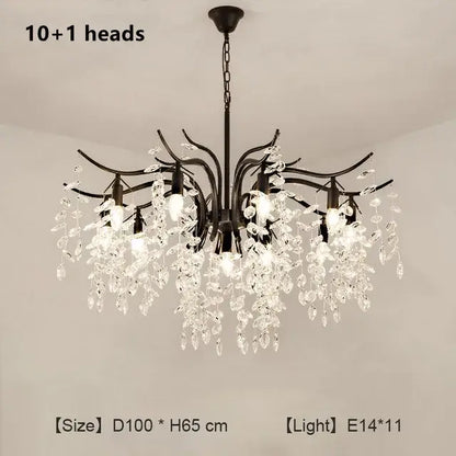Black wrought iron decorbites crystal chandelier with 10+ crystal pendant heads and clear crystals for living room lighting