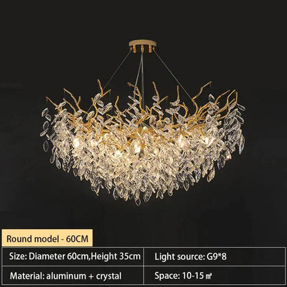 Gold-toned decorbites crystal chandelier with intricate aluminum and crystal leaf branch design for living room and lobby lighting