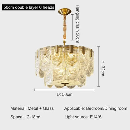 Gold-toned decorbites crystal chandelier with double layer fan-shaped glass and six e14 lights for modern luxury spaces