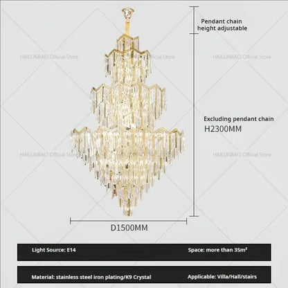 Decorbites crystal chandelier with cascading k9 crystal prisms and gold stainless steel frame for modern luxury spaces