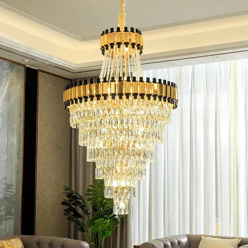 Golden tiered decorbites crystal chandelier with cascading crystal prisms for modern luxury in villas and banquet halls