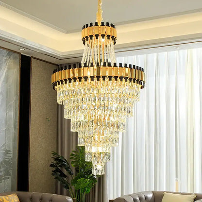 Golden tiered decorbites crystal chandelier with cascading crystal prisms for modern luxury in villas and banquet halls