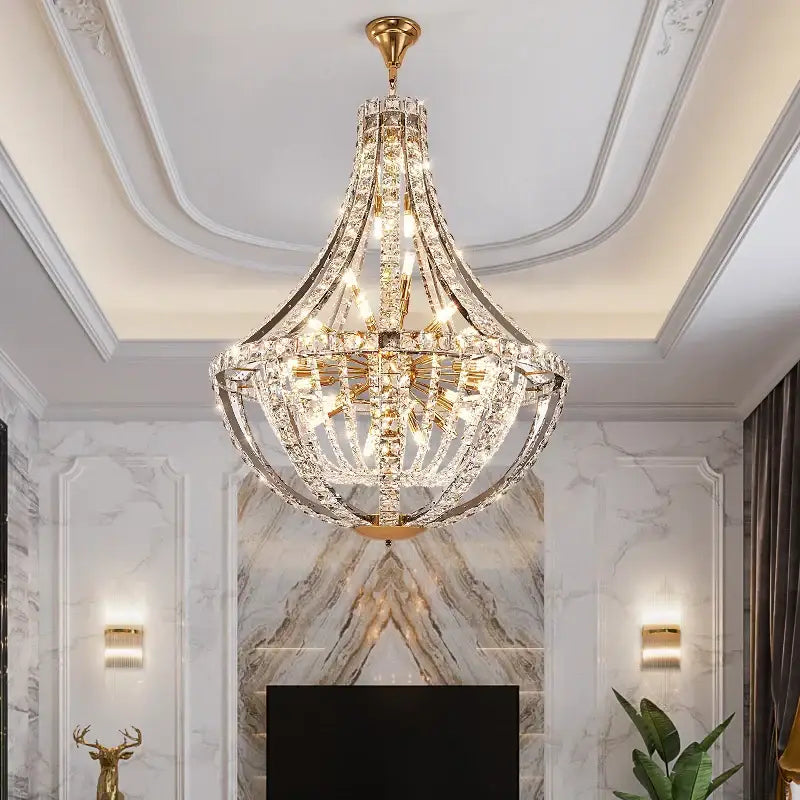 A luxurious gold-toned decorbites crystal chandelier with intricate cascading tiers for modern living and dining spaces