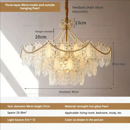 Elegant three-layer decorbites crystal chandelier with pearlescent glass elements and wrought iron frame for living room and bedroom