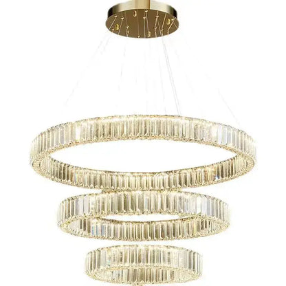 Gold-toned decorbites crystal chandelier with three concentric faceted crystal rings for villa and duplex hall lighting