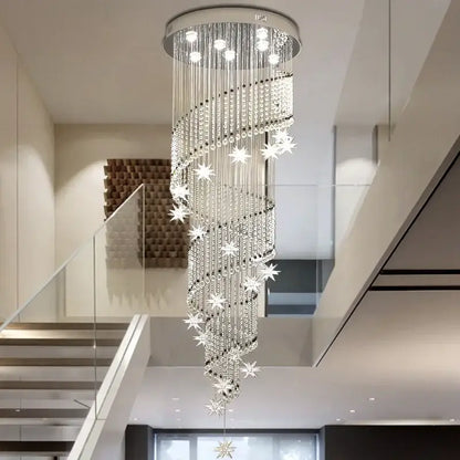 DecorBites crystal chandelier with modern silver metal frame, cascading crystal strands and star-shaped ornaments for luxury lighting