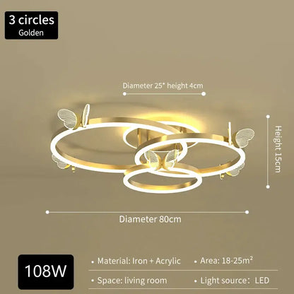 Golden three-circle led ceiling light with butterfly accents made of iron and acrylic by decorbites crystal chandelier