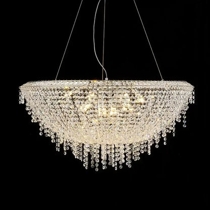A decorbites crystal chandelier featuring cascading clear faceted beads and a sleek metallic frame for modern luxury lighting