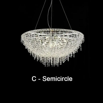 Decorbites crystal chandelier featuring a semicircular LED pendant with clear glass beads and teardrop crystals for luxury lighting