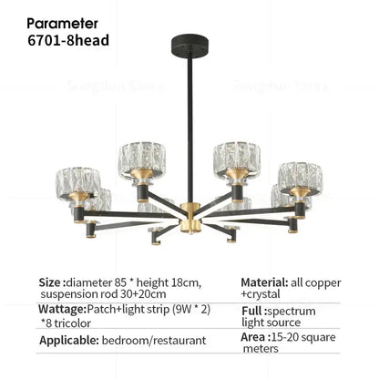 Black and gold eight-head decorbites crystal chandelier with crystal shades for modern luxury living and dining rooms