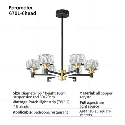 Decorbites crystal chandelier modern six-head black and gold chandelier with crystal shades for living hall and bedroom