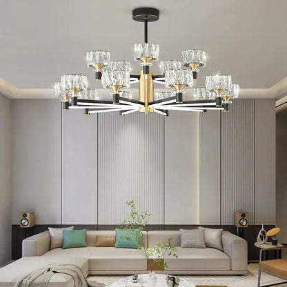 Modern luxury decorbites crystal chandelier with black and gold frame and crystal glass shades in starburst design